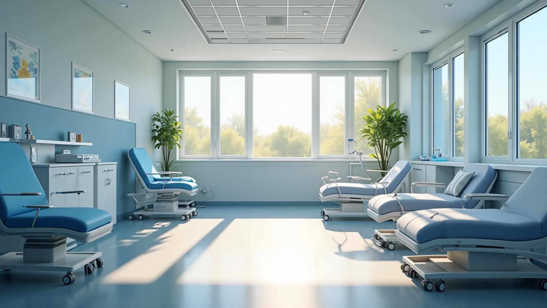 Salle de traitement de dialyse moderne avec fauteuils confortables pour patients et équipement médical